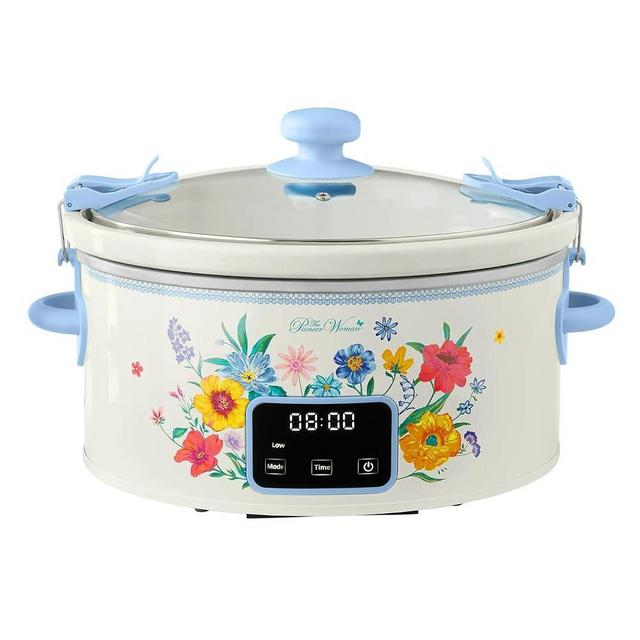 The Pioneers Woman 6 Qt Digital Slow Cooker, Programmable Touchscreen, Locking Lid, High-Low-Warm Settings, Adjustable Timer, Oval Shape, 220°F Max Temp, Portable and Stylish