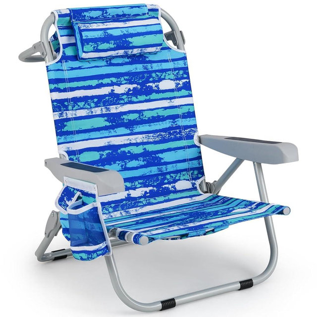 Goplus Beach Chair, 330lbs Folding Backpack Chairs for Adults with 5-Position Backrest, Storage Pockets, Towel Bar & Headrest, Foldable Low Beach Lounge, Portable Aluminum Lay Flat Camping Chair