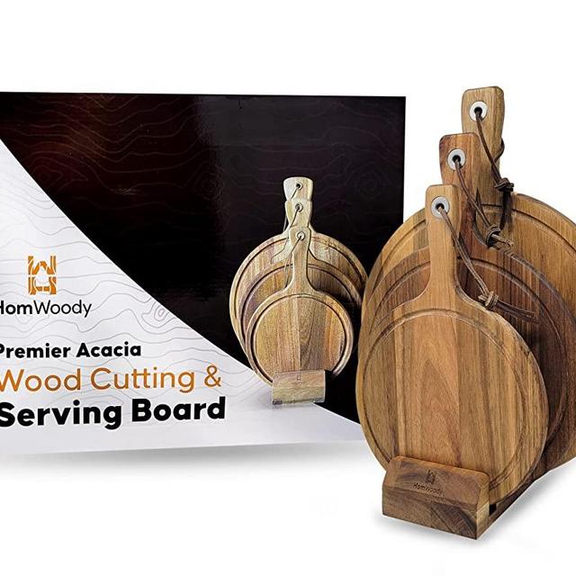 Homwoody Premium Acacia Wood Cutting Board with handle/Cheese Board - (Set of 3) Thick/Large Acacia Cutting Board/Charcuterie Boards - Luxury Wood Cutting Board/Cheese Board/Charcuterie Board/Platter