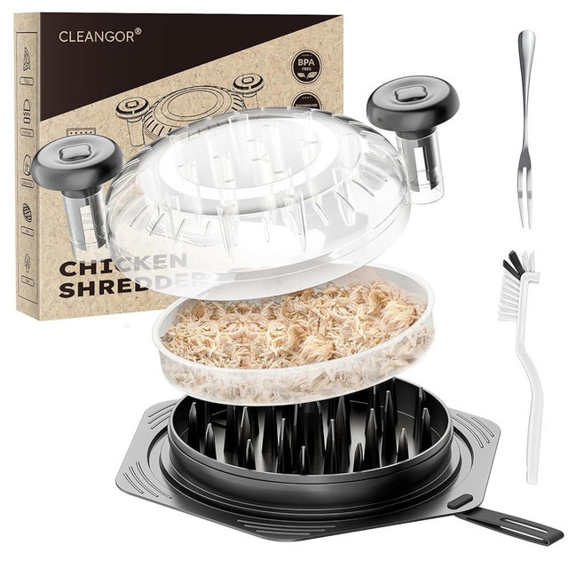 Cleangor Chicken Shredder Tool Twist Large, BPA Free Meat Shredder with Ergonomic Handle, Non-Slip Food Shredder Tool for Pork, Beef, Set of Chicken Breast Shredder with Brush & Fork (1, Black)