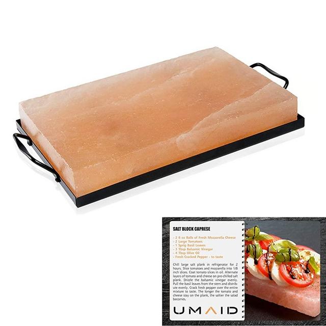 UMAID Natural Himalayan Rock Salt Block Cooking Plate 12 X 8 X 1.5 for Cooking, Grilling, Cutting and Serving, Kosher and FDA Certified Food Grade Salt with Metal Steel Tray Set with Recipe Book