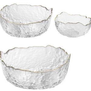 Glass Salad Bowl Irregular Lotus Flower Shape Serving Bowls, Mixing Nut Bowls for Kitchen Fruist, Snack, Dessert, and Ice Cream Candy Dishes (Crystal Clear with Gold Rim, Set of 3 (L,M,S))