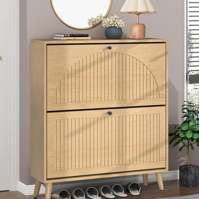 Fsbecl Shoe Storage Cabinet for Entryway with 2 Flip Drawers, Narrow Wood Shoe Cabinet with Fluted Panel, Freestanding Hidden Shoe Organizer for Foyer, Hallway (Wood Color)