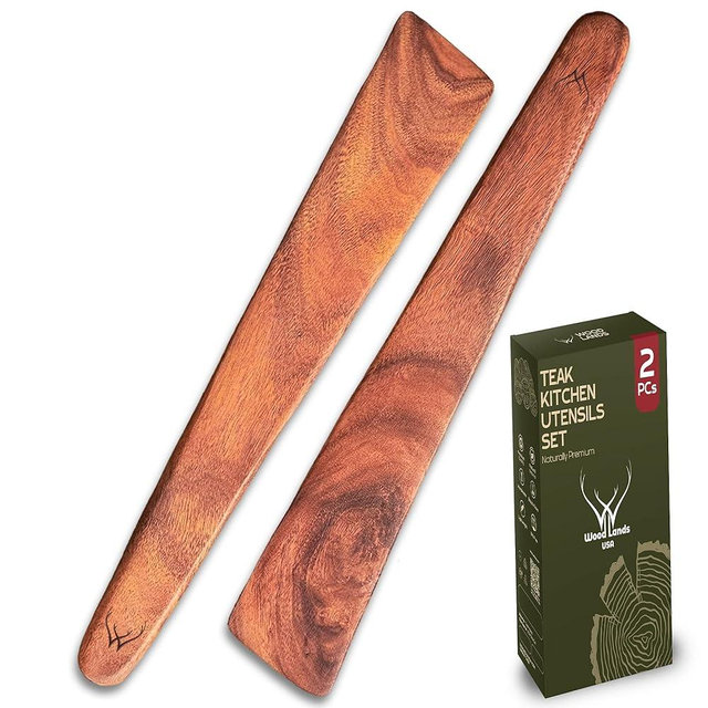 2PCS Wooden Spatula for Cooking – Premium Teak Wood Turner & Scraper Set for Cast Iron & Nonstick Cookware, Flat Egg & Pancake Flipper, Durable Heat-Resistant Kitchen Utensils