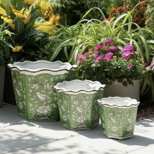 Bethony Decorative Stoneware Ceramic Planter Set With Intricate Detailing Durable Handmade Design Accent Containers For Indoor Outdoor Display Versatile Home Decor Plant Holders Set Of 3 - Green/White