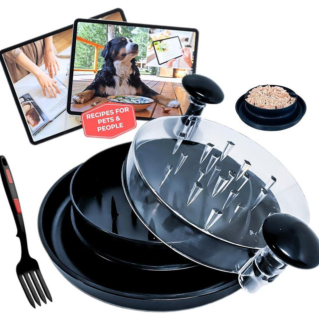 JAEL SELLERS Deluxe Chicken Shredder and Pet Food Maker, Silicone Meat Fork and Exclusive Recipes Included, Non-Skid Base with Spare Rubber Feet, Clear Top, Dishwasher-Safe, BPA Free, Meat Shredder