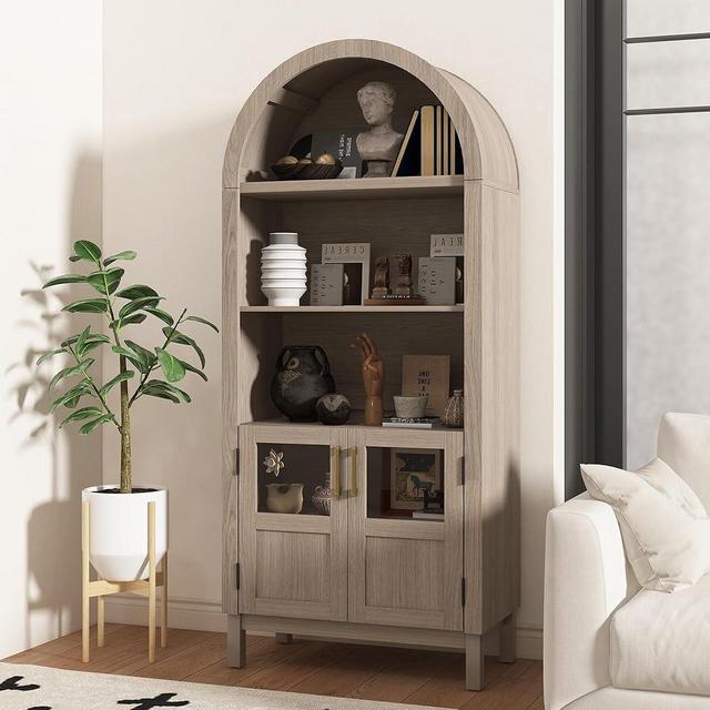 BOMETAO 70" Tall Arched Cabinet, 5-Tier Arch Bookshelf Bookcase with Open & Adjustable Shelves, Glass Door & Metal Handle, Kitchen Pantry Display Storage Cabinets Cupboard for Kitchen, Antique Grey