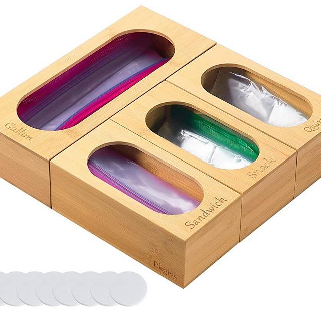 4Pc Bamboo Ziplock Bag Storage Organizer, Baggie Holder Compatible with Ziploc, Solimo, Glad, Storage Dispenser for Kitchen Drawer, Hefty for Gallon, Quart, Sandwich, Snack and Variety Size Bags
