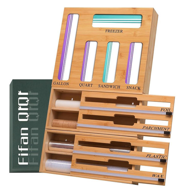 FifanQiQi 9 In 1 Storage Bag Organizer And Plastic Wrap Dispenser With Cutter, Bamboo Foil and Plastic Wrap Organizer