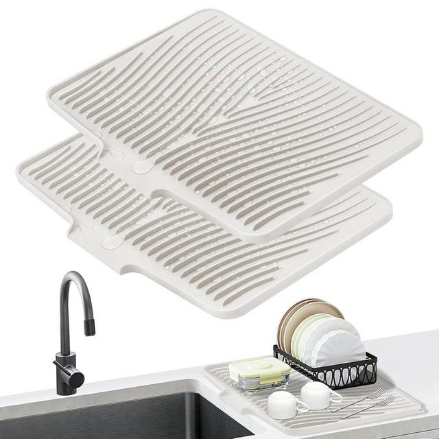 TIKNIK Dish Drying Mat, Stone Drying Mat for Kitchen Counter with Built-in Drain, Non-Slip Drying Matt Kitchen Counter, Heat Resistant Silicone Drying Mat, Dish Drying Pad, 2 Pcs (Cream 19.7" x 17")