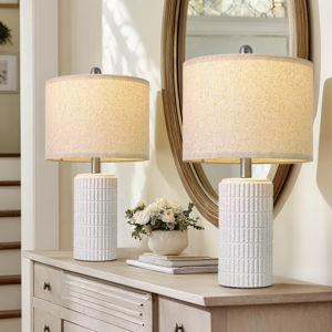 PoKat 20.75" Stone-Like Farmhouse Ceramic Table Lamps Set of 2 for Bedroom, White Bedside Lamps for Night Stands, Matte-Textured Decor Nightstand Table Lamps for Living Room End Table White