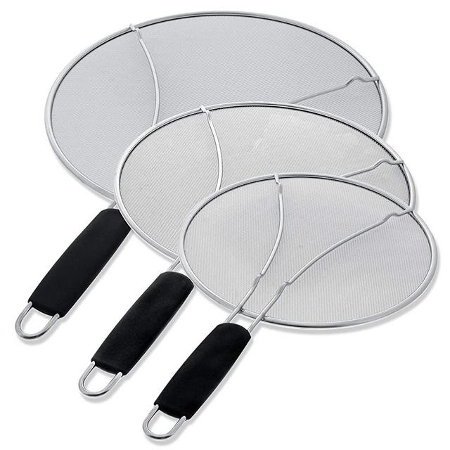 U.S. Kitchen Supply 13", 11.5", 9.5" Stainless Steel Fine Mesh Splatter Screen with Resting Feet Set, Black Comfort Grip Handles - Use on Boiling Pots, Frying Pans - Grease Oil Guard, Safe Cooking Lid