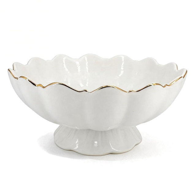 White Small Decorative Bowl 8 Inch Ceramic Key & Fruit Bowl Ruffle Lotus Shape with Gold Rim Candy Bowl, Multi-Use Centerpiece Pedestal Bowls for Kitchen Counter, Coffee Table, Entryway, Wedding