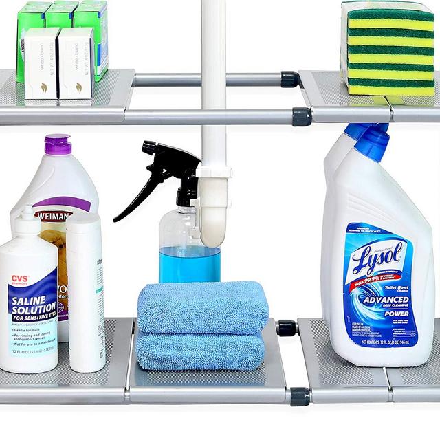 SimpleHouseware Under Sink 2 Tier Expandable Shelf Organizer Rack, Silver (expand from 15 to 25 inches)