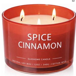 Spiced Cinnamon Scented Candle, Luxury Large 3 Wick Soy Candle 12 Oz, 60+ Hour Long Lasting Clean Burn, Elegant Aromatherapy Home Decor, Housewarming & Birthday Gift for Men & Women