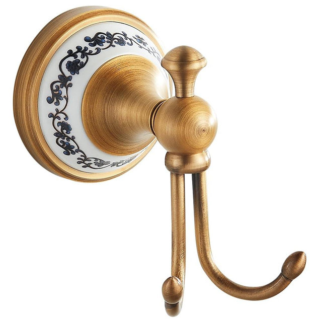 PEONYBATH Antique Bronze Brass Bath Towel Hooks, Wall Mounted Bathroom Hardware Accessories,Porcelain Design