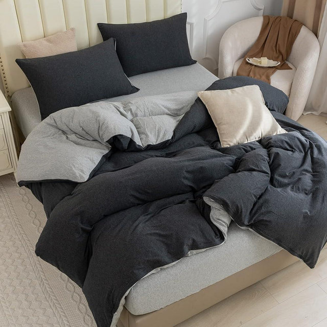 PURE ERA Jersey Knit Duvet Cover Set 100% T-Shirt Cotton Super Soft Comfy 3pc Bedding Set with Zipper Closure (Heather Charcoal Grey/Grey, Queen)