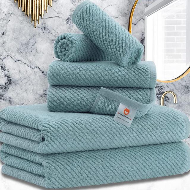 VOOVA & MOVAS Soft Bath Towel Set with Gift Box, Cotton Quick-Dry Bathing Towels for Bathroom Teal Aqua, Towel Set Includes 6 Pieces - 2 Bath Towels, 2 Hand Towels, 2 Washcloths (Ocean City Blue)