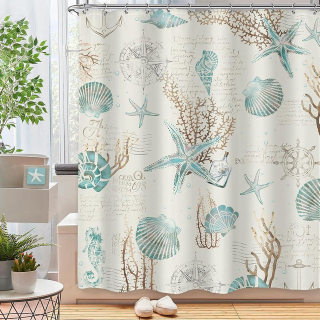 Omifly Starfish and Seashells Shower Curtain 60Wx72H Inch Beach Coastal Nautical Bathroom Set Ocean Coral Vintage Beige Ivory Retro Anchor Sea Horse with 12 Hooks Fabric Waterproof Accessories Decor
