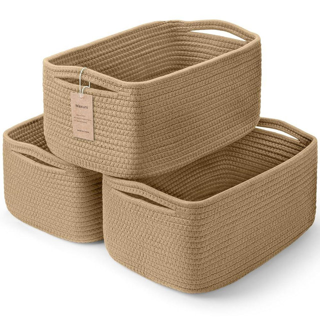 Maxuni 3-Pack Storage Baskets for Organizing | Woven Shelf Toy Basket | Rope Baskets for Gifts Empty | Closet Organizer Bins with Handles | Cube Decorative Box | 13.7×7.1×6.7” | Brown