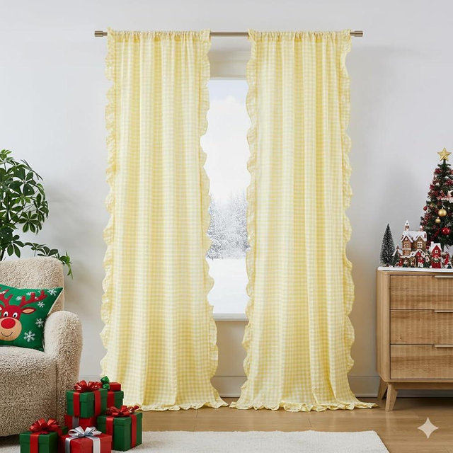 ZJDECOR Shabby Chic Yellow Ruffled Curtains 84 Inches Long,Rustic Buffalo Plaid Crinkled Not-See-Through Sheer Drapes,Farmhouse Window Treatment for Bedrooms Living Room,Rod Pockets,40"x84",Pack of 2