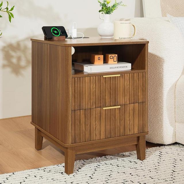 Curlaky Night Stand with Charger Station, Fluted Nightstand with Drawers and Storage Shelf, Mid Century Modern Bedside Table Nightstands, Large Bed Side Table Wood Night Stands for Bedroom Living room