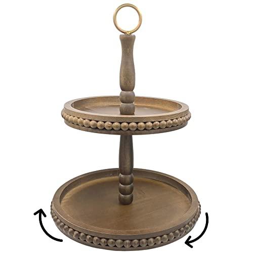 Bread Salt & Wine Beaded Two Tiered Tray farmhouse style. Lazy Susan 2 Tier tray for the kitchen counter or table centerpieces. Features dark wood and metal handle. Comes in decorative box for gifting