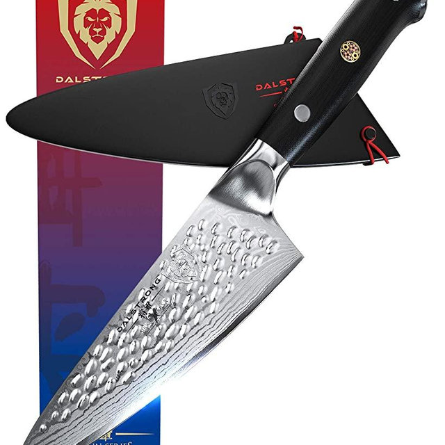 DALSTRONG Chef Knife - 6" - Shogun Series X - Damascus - Hammered Finish - Japanese AUS-10V Super Steel - Black G10 Handle - w/Sheath