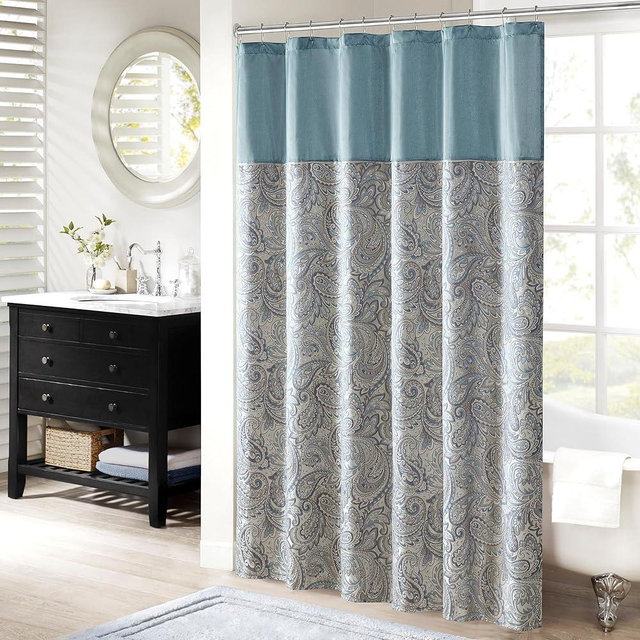 Madison Park Aubrey Shower Curtain Paisley Jacquard Pieced Microfiber Faux Silk Modern Home Bathroom Decorations Bathtub Privacy Screen, Decorative Bathroom, 72" x 72", Teal