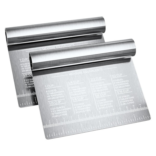 Bench Scraper 2-Pack by RamPro – Stainless Steel Dough Cutter with Engraved Measuring Guide & Equivalent Chart, Kitchen Scraper for Baking & Chopping