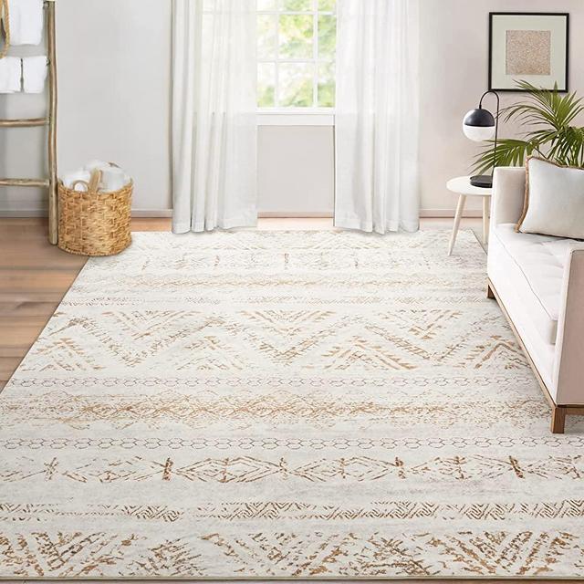 Area Rug Living Room Carpet: 8x10 Large Moroccan Soft Fluffy Geometric Washable Bedroom Rugs Dining Room Home Office Nursery Low Pile Decor Under Kitchen Table Light Brown/Ivory