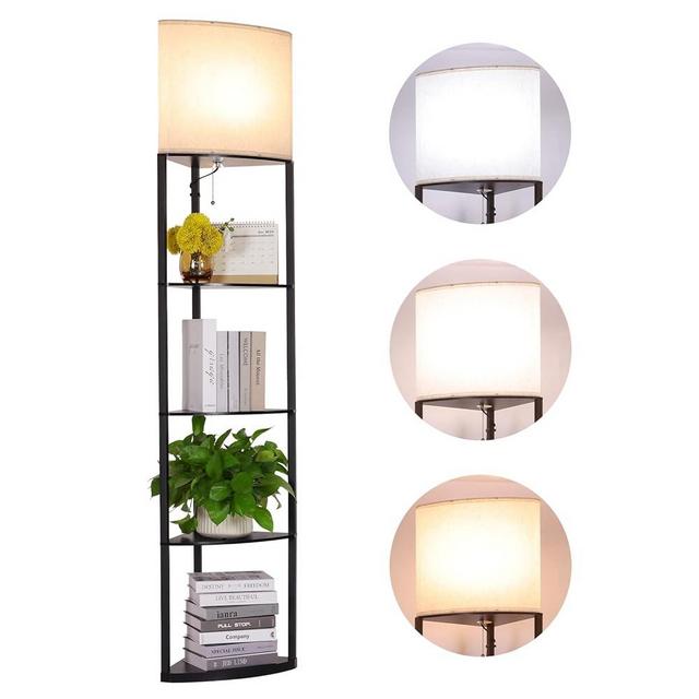 Gupuzm Floor Lamp with Shelves, Sector Corner Shelf Lamp with 3 Color Temperature Bulb, with Linen Lampshade Bookshelf Corner Display Lamp for Living Room, Bedroom and Office(Black)