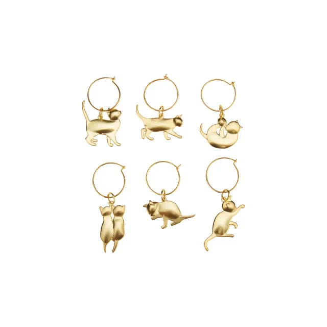Twine Cat Lovers Wine Charms with Six Unique Designs, Drink Markers for Stemware, Gold