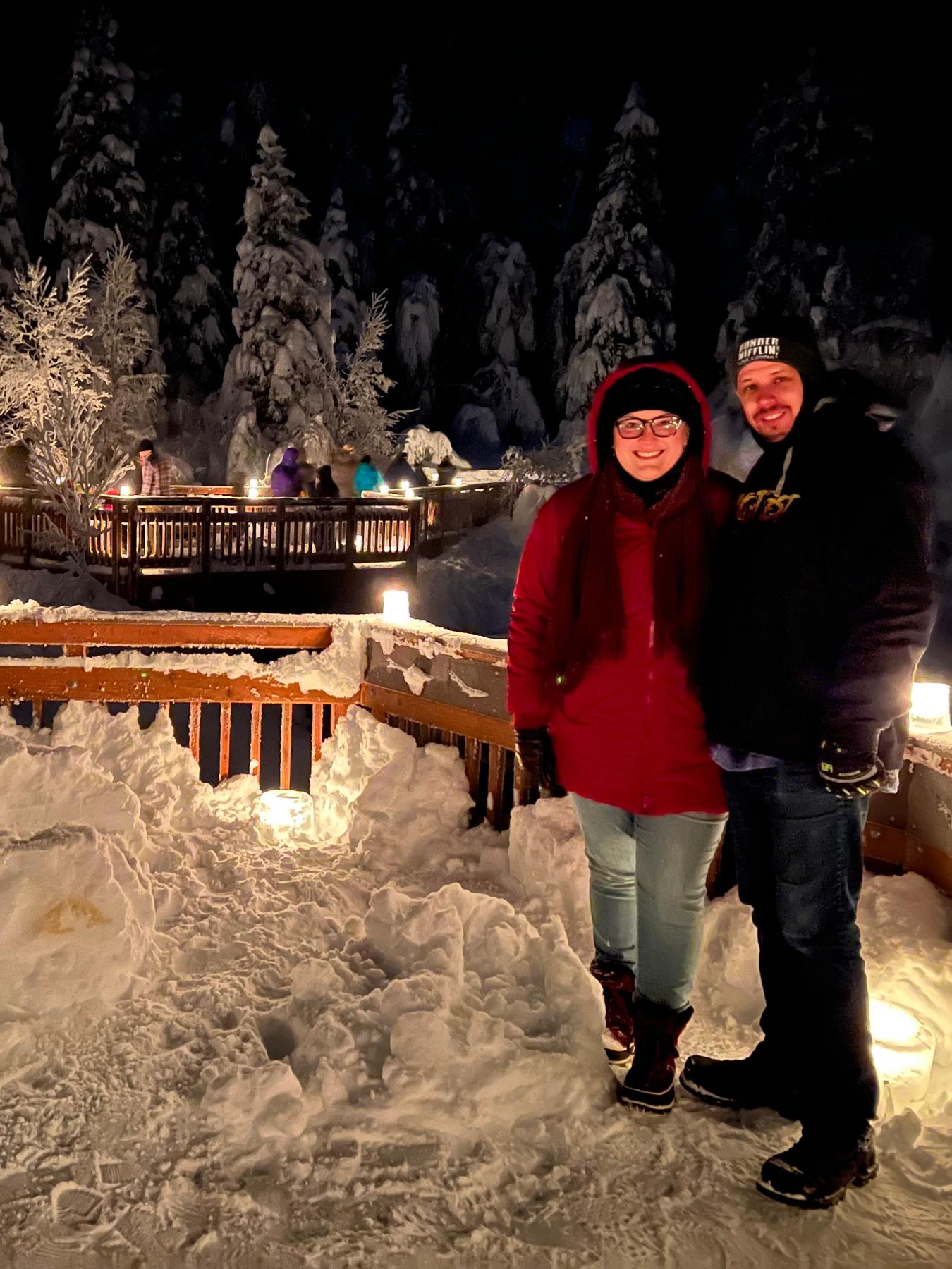 Winter solstice ice lantern walk—bundled up for the -8°F weather!