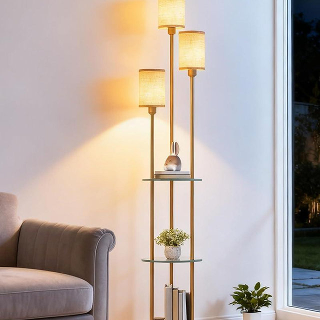 GOEBLESON Floor Lamp with Shelves, Modern Floor Lamp with 3 Linen Shades and Foot Switch, 3-Light Standing Lamp, for Living Room, Bedroom, Study, Office, Gold and Beige ED53LD05