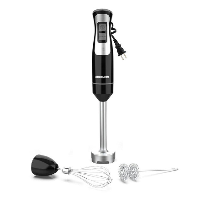 Immersion Blender Handheld, OUTRONSM Hand Blender with 4-point thickened SS blades, Milk Frother, Egg Whisk for Coffee Milk Foam, Puree Baby Food, Smoothies, Sauces and Soups – Black