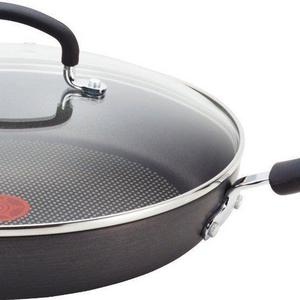Groupe SEB - T-fal E91898 Ultimate Hard Anodized Scratch Resistant Titanium Nonstick Thermo-Spot Heat Indicator Anti-Warp Base Dishwasher Safe Oven Safe PFOA Free Glass Lid Cookware, 12-Inch, Gray