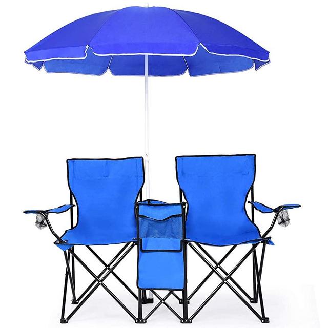 Goplus Double Folding Picnic Chairs w/Umbrella Mini Table Beverage Holder Carrying Bag for Beach Patio Pool Park Outdoor Portable Camping Chair (Blue w/Umbrella)