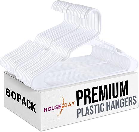 HOUSE DAY White Plastic Hangers 60 Pack, Plastic Clothes Hangers Space Saving, Sturdy Clothing Notched Hangers, Heavy Duty Coat Hangers for Closet, Laundry Hangers for Adult Coat, Suit, Shirt, Dress
