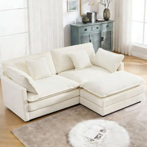 76.7" Beige L Shaped Comfy Chenille Modular Cloud Sofa, Modern 2 Seater Couch with Movable Ottoman, Deep Seat Sofa with 4 Pillows for Living Room Apartment Small Places
