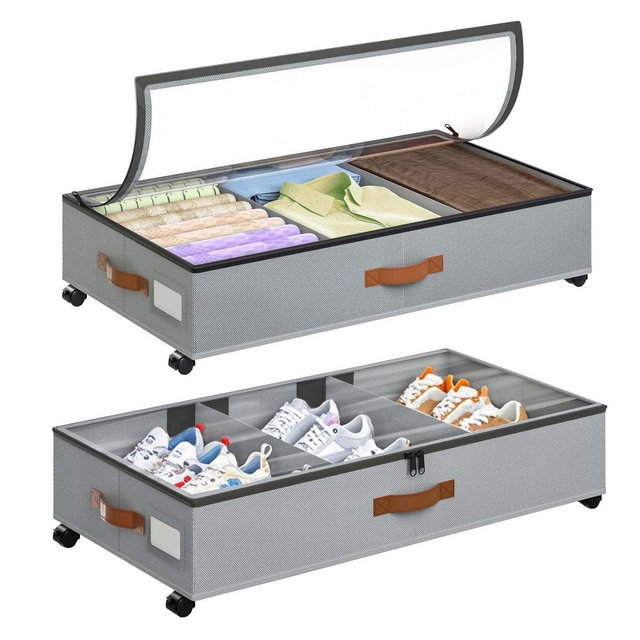 2 Pack Under Bed Storage with Wheels and Adjustable Dividers Clear Window, for Clothes, Shoes, Toys, Blankets, for Bedroom Dressing Room