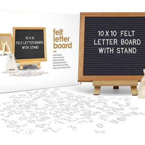 DDRPL12 - Felt Letter Board 10 x 10 inches with Wooden Tripod Stand Classy Gray Felt 340 Changeable White Plastic Letters Gift Box Packaging Oak Frame Wall Mount Hanger Drawstring Storage Bag Perfect Gift