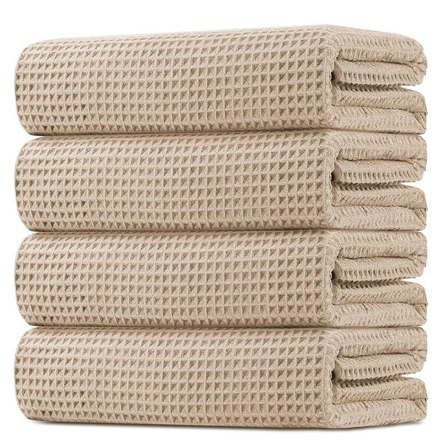 HOMEXCEL Waffle Bath Towels Set 4 Pack, Premium Microfiber Bathroom Towels, Ultra Soft, Lightweight, Highly Absorbent and Quick Dry Towel for Bathroom, Gym, Shower, Hotel, and Spa, 27 x 54 Inch, Beige