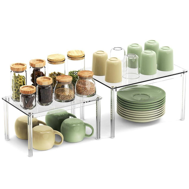NESTRAXO 2Pack Acrylic Cabinet Organizer, Clear Cabinet Organizer Shelf, Spice Rack Organizer for Cabinet for Dishes, Spices, Soda Cans and Bottles, Stackable Shelves House Essentials for Gift