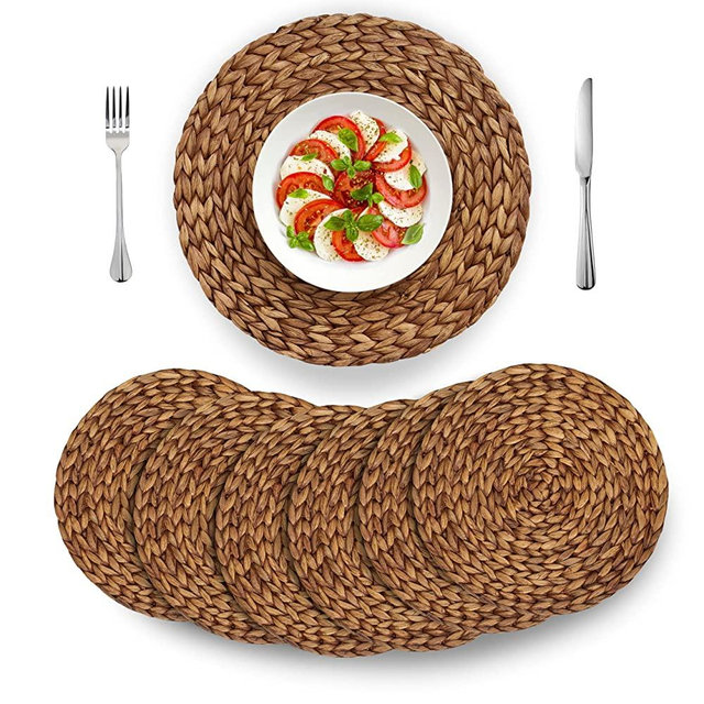 (4 Sizes: 12"-13"-14"-15") BARIEN Brown Woven Placemats Round Set of 6, Natural Water Hyacinth Weave Placemat for Dining Table, Large Handmade Woven Placemats Heat Resistant Non-Slip (15" - Set of 6)