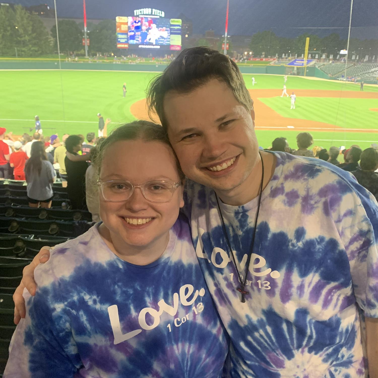 Enjoying an Indians game with matching T-shirts we made ourselves