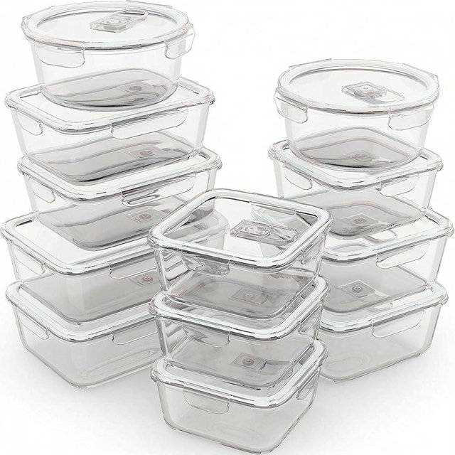 Razab 24 Pc Airtight Glass Food Storage Containers - Glass Meal Prep Containers - Freezer to Oven Safe - Steam Release Valve BPA Free - Airtight Bento Boxes - Leak Proof (12 lids & 12 Containers)