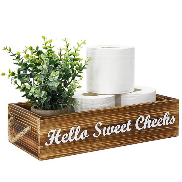 Bathroom Decor Box 2 Sides Funny Toilet Paper Holder Wood Tank Box Paper Storage Basket with Rope Handle Over Toilet Rustic Bathroom Paper Organizer Box with Funny Sign Farmhouse Home Decor Box