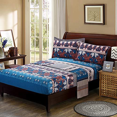 Jameswish Blue Bohemian Sheets Set Queen Size 100% Cotton Boho Exotic Floral Bed Sheets Red Blue White Ethnic Boho Floral Bed Sheets,16 Inches Deep Pocket Fitted Sheet,1 Flat Sheet and 2 Pillowcases
