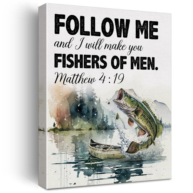 Christian Bible Verse Wall Art Canvas Painting Print Framed Matthew 4:19 Scriptures Canvas Watercolor Fish Poster Sign for Home Decor (12x15 Inch), Fishing Lover Gifts